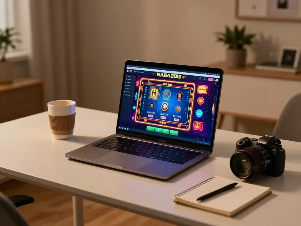 NAGA2000 online gaming interface with a modern laptop setup in a cozy home office, showing dynamic casino gameplay.