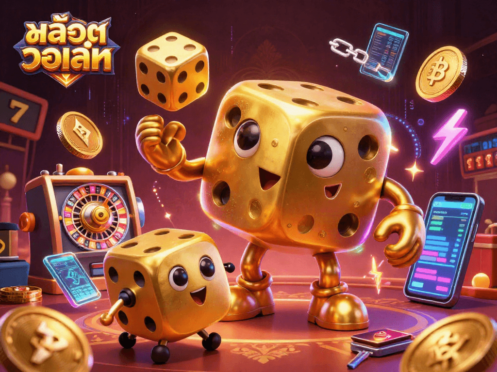 Engage with สล็อตวอเลท through a vibrant 3D casino scene featuring a golden dice golem, crypto coins, and slot elements.