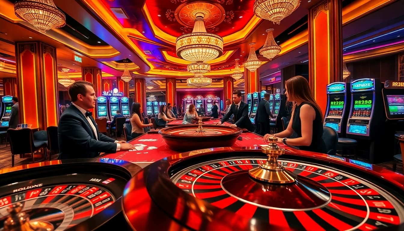 Players engaging in thrilling gameplay at the RR88 casino, featuring a stylish roulette wheel and poker tables.