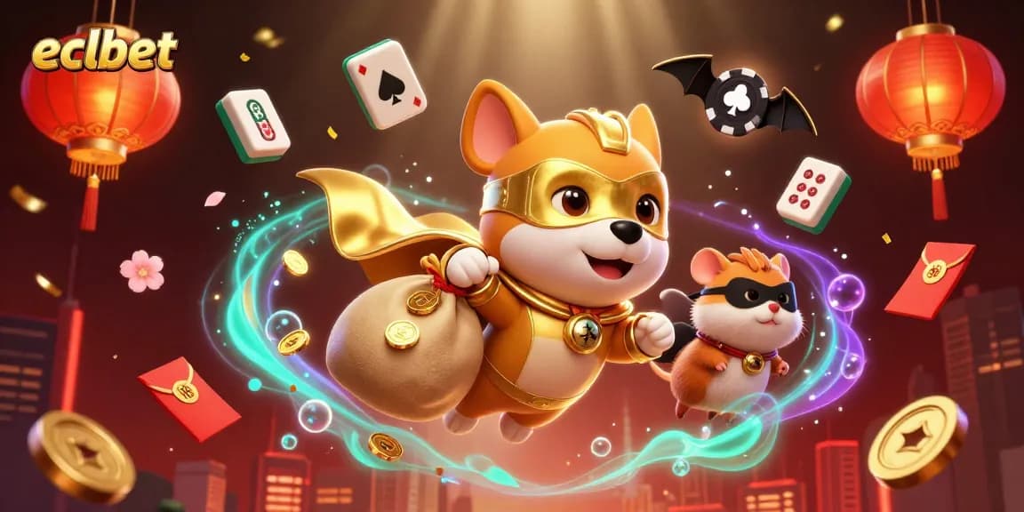 ECLBet’s vibrant gambling scene comes alive with a superhero dog and hamster delivering gold coins.