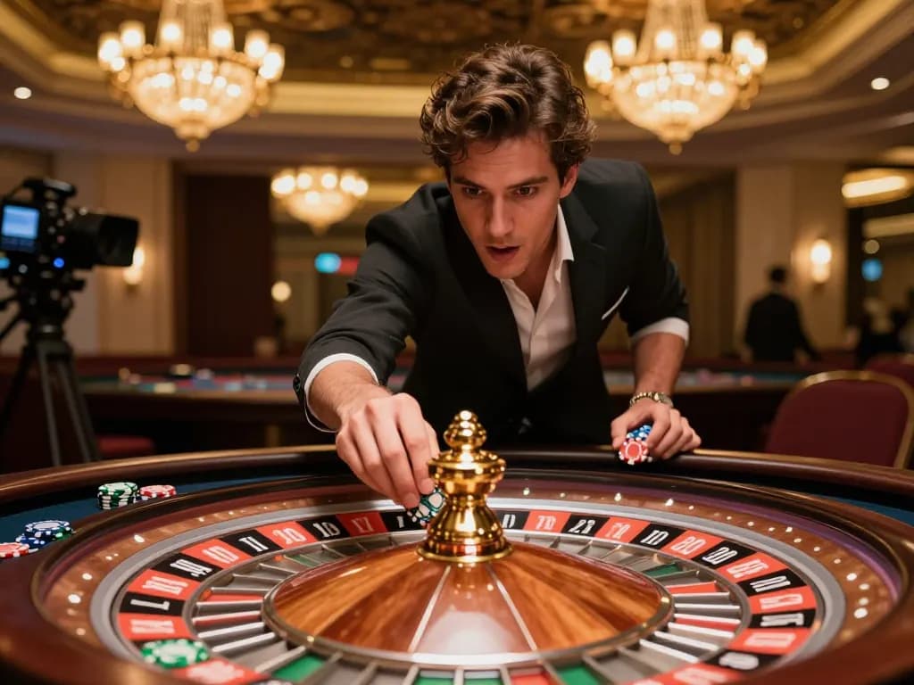 Player engaging in a strategic bet at soc88 roulette table in upscale casino ambiance.