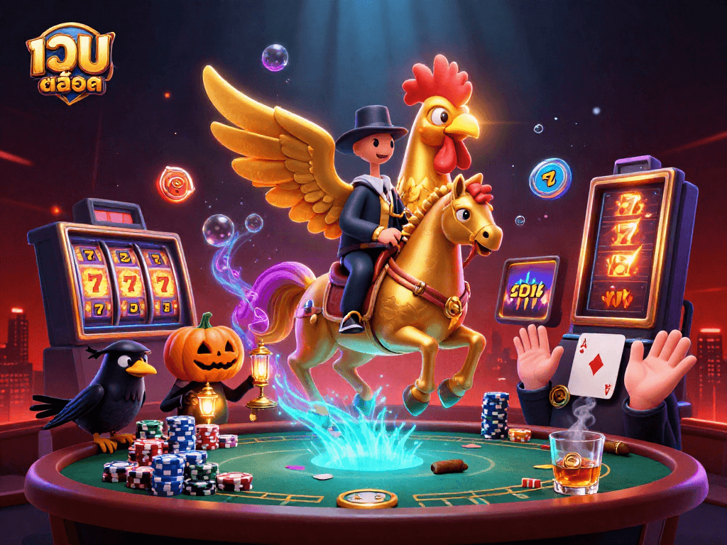 Engage in thrilling เว็บสล็อต gameplay with a golden rooster and spectral horse in a captivating casino scene.