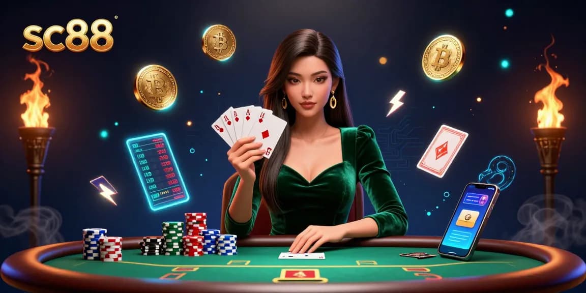 Engage in sc88 gambling with a focused Asian woman at a poker table, surrounded by crypto elements.