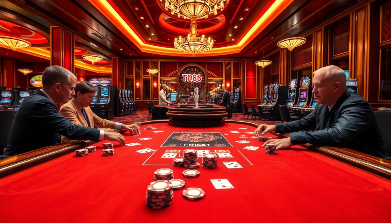 Players enjoying a thrilling poker game at TR88 casino with vibrant atmosphere and luxury.