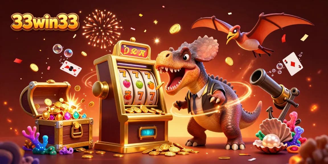 33win33 features a dynamic casino scene with a pachycephalosaurus winning jackpots and gold coins, showcasing thrilling gameplay.