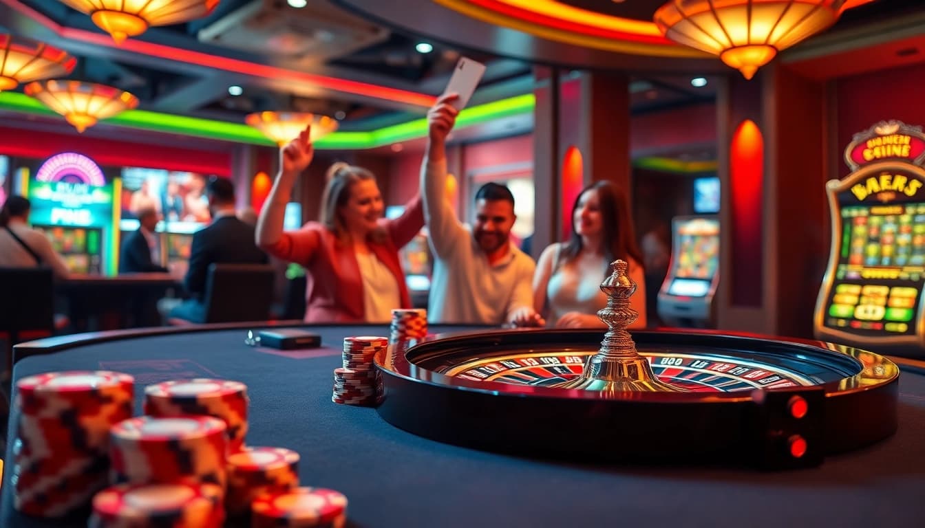 Exciting casino scene showcasing players at https://mm88.how/ with poker chips and roulette table, radiating luxury.