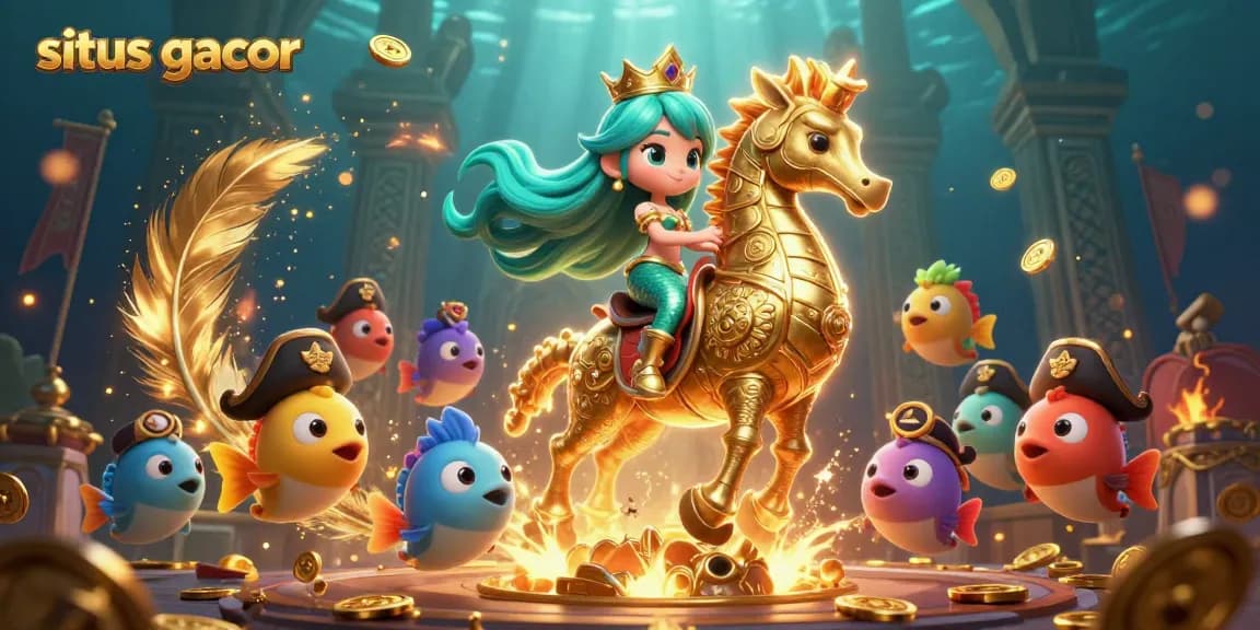Situs gacor showcases a mermaid princess with a seahorse amidst gold coins and vivid underwater characters.
