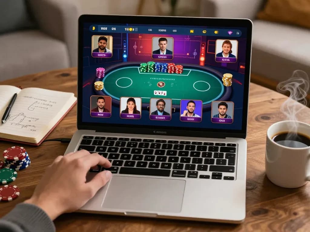 Players strategizing in their go8s poker game setup on a modern laptop with cozy ambiance.