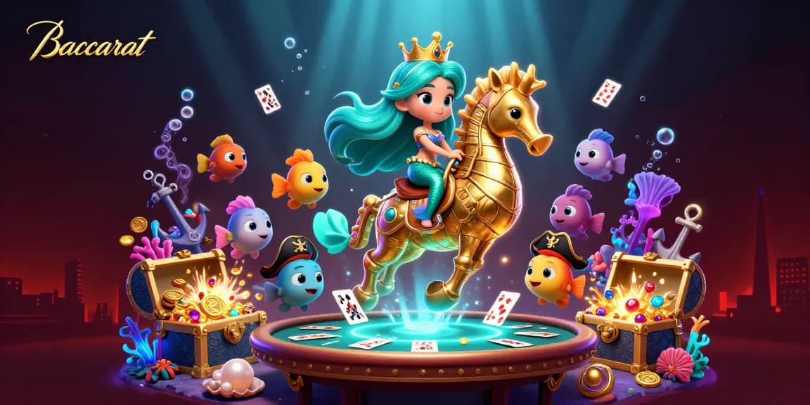 Baccarat scene featuring a mermaid princess, giant seahorse, and vibrant playing cards depicting excitement in online gambling.