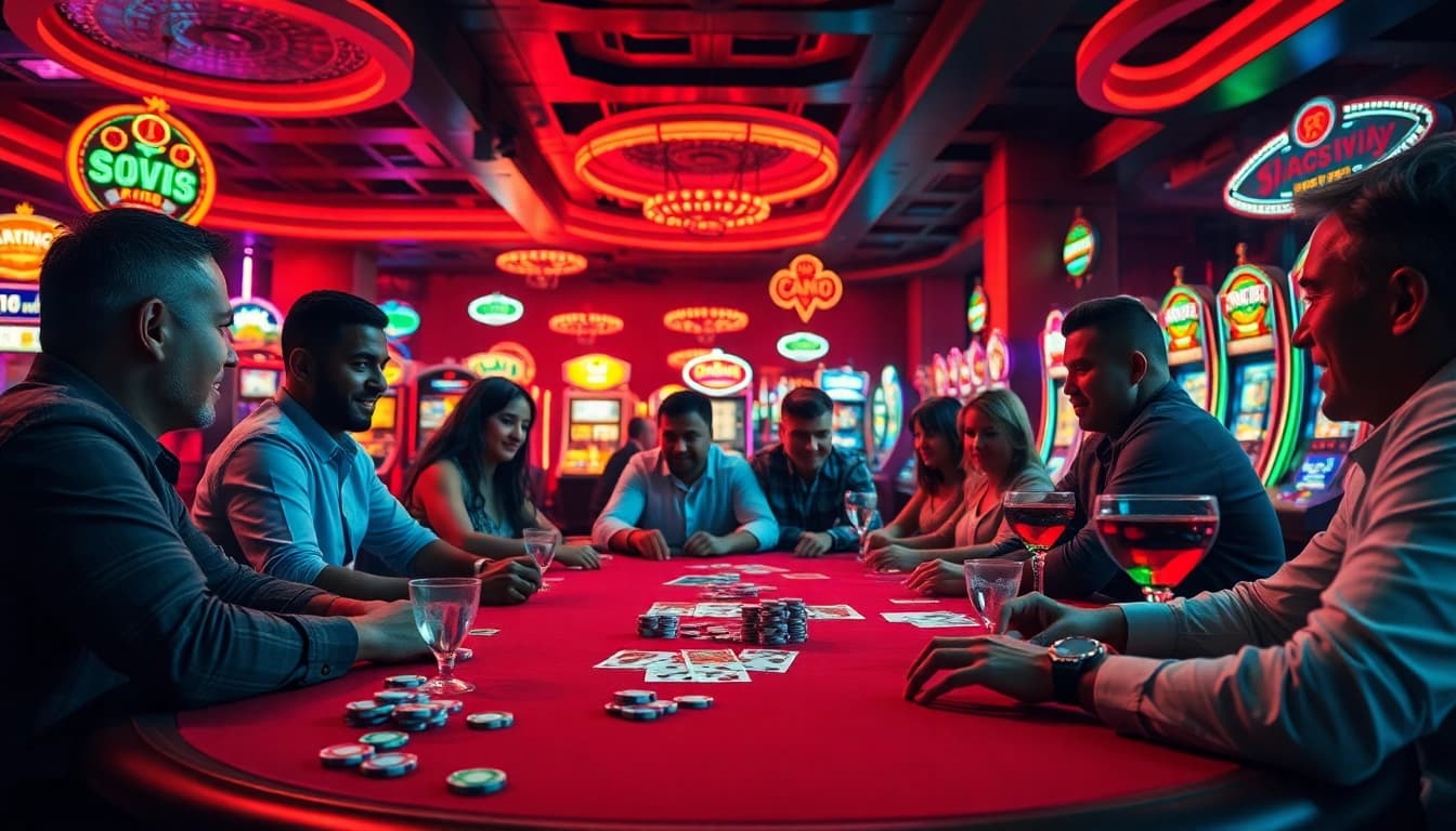 Engage with singapore online casino free credit at a vibrant poker table, showcasing players and colorful chips.