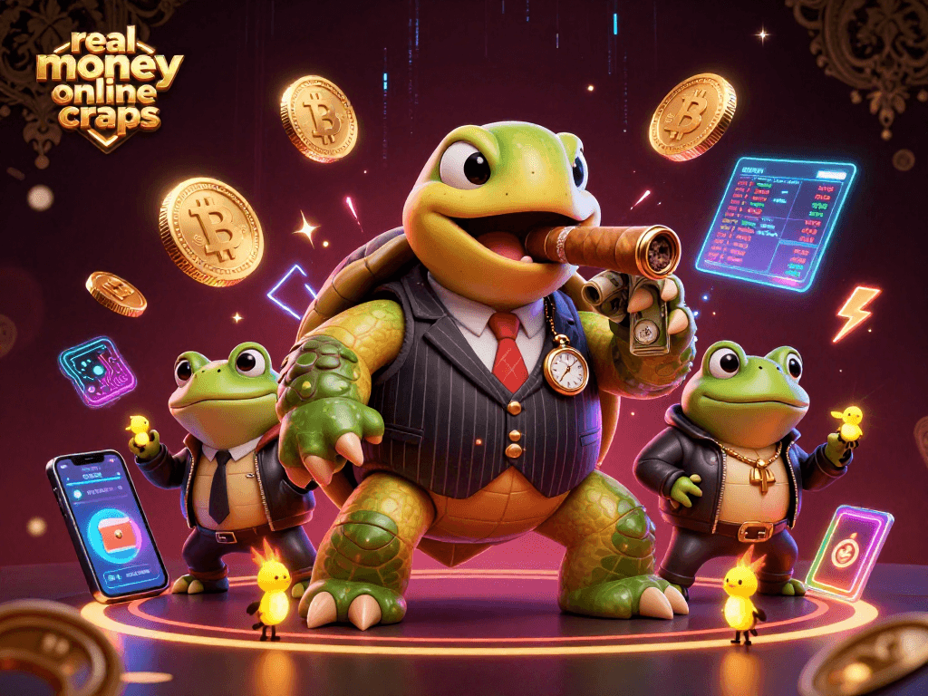 Engage in thrilling real money online craps with a charming turtle and bullfrogs set in an animated casino scene.