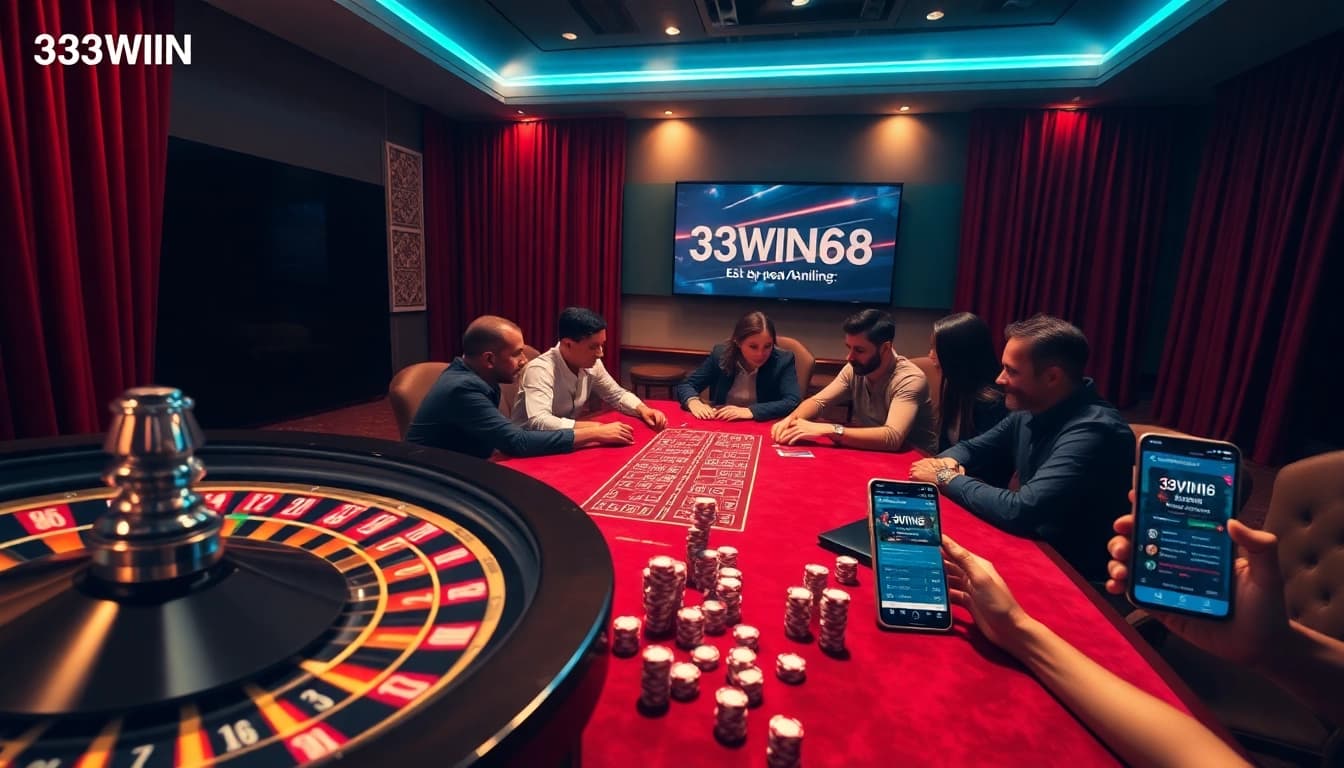 Gambling excitement at 33WIN68 with a roulette wheel, poker chips, and vibrant digital interface.