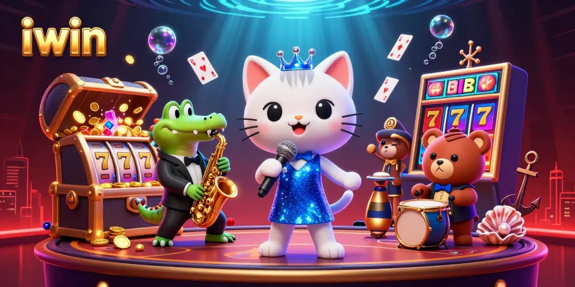 Join the iwin casino experience with vibrant characters and exciting slots in a magical underwater stage setting.