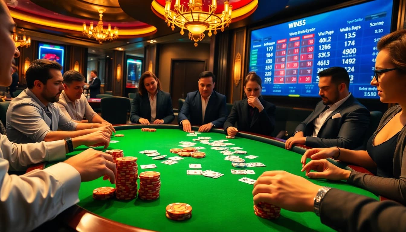 Players strategizing bets at a win55 poker table in a luxurious casino setting.