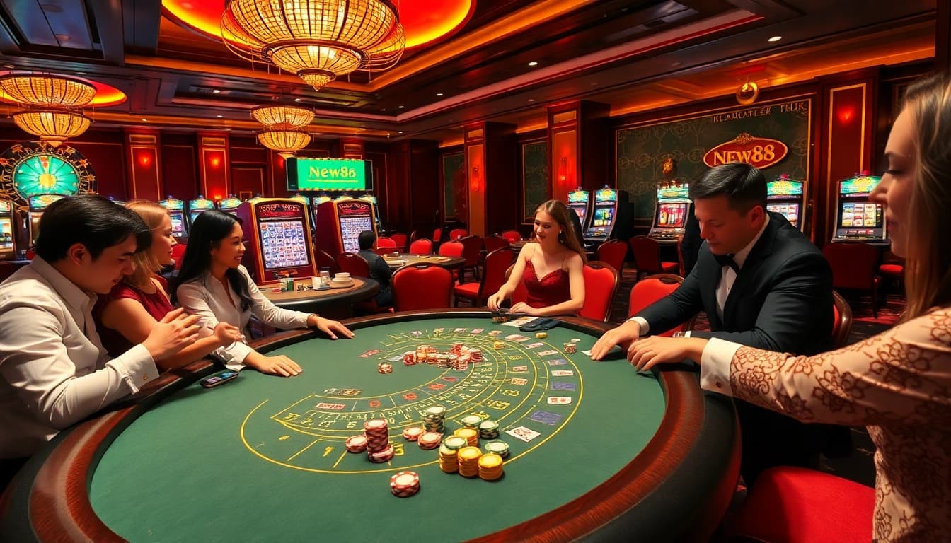 NEW88 live dealer table with engaging players and luxurious casino atmosphere.