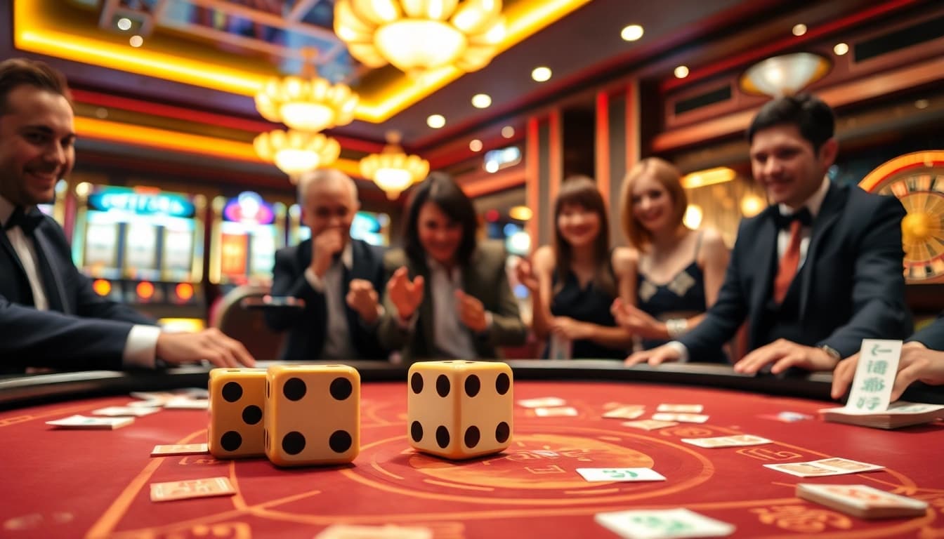 Players participating in the thrilling Taixiu game at a glowing casino table.