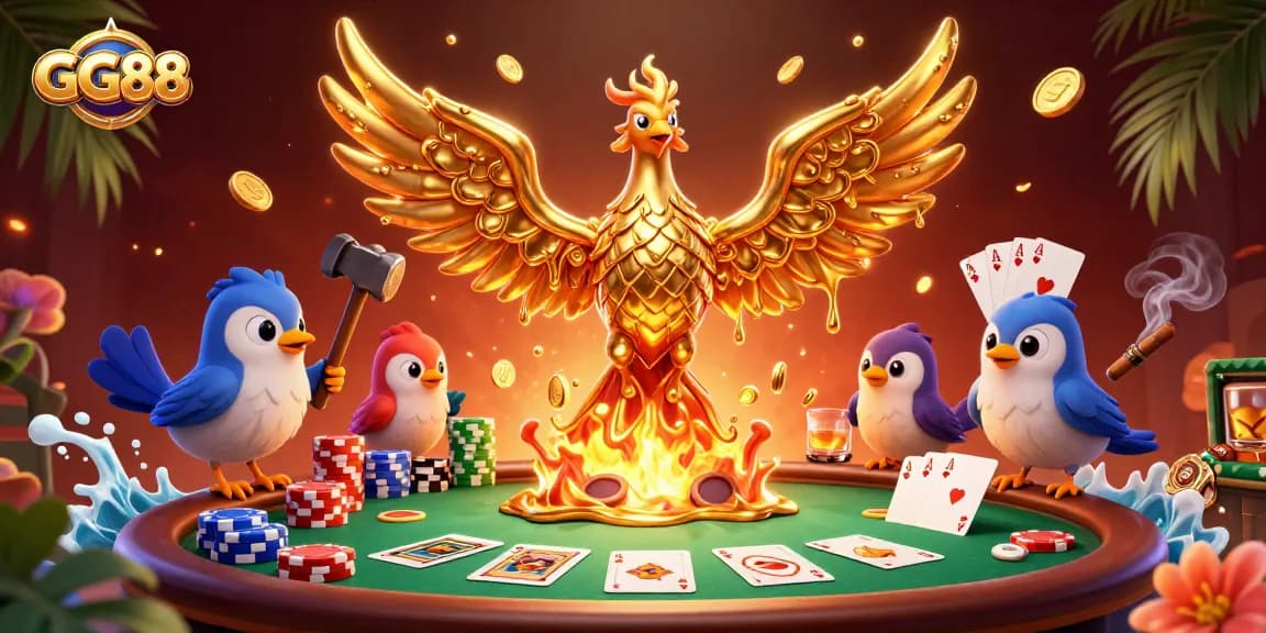 Experience exciting gaming at GG88 with a golden phoenix and poker elements in a vibrant atmosphere.