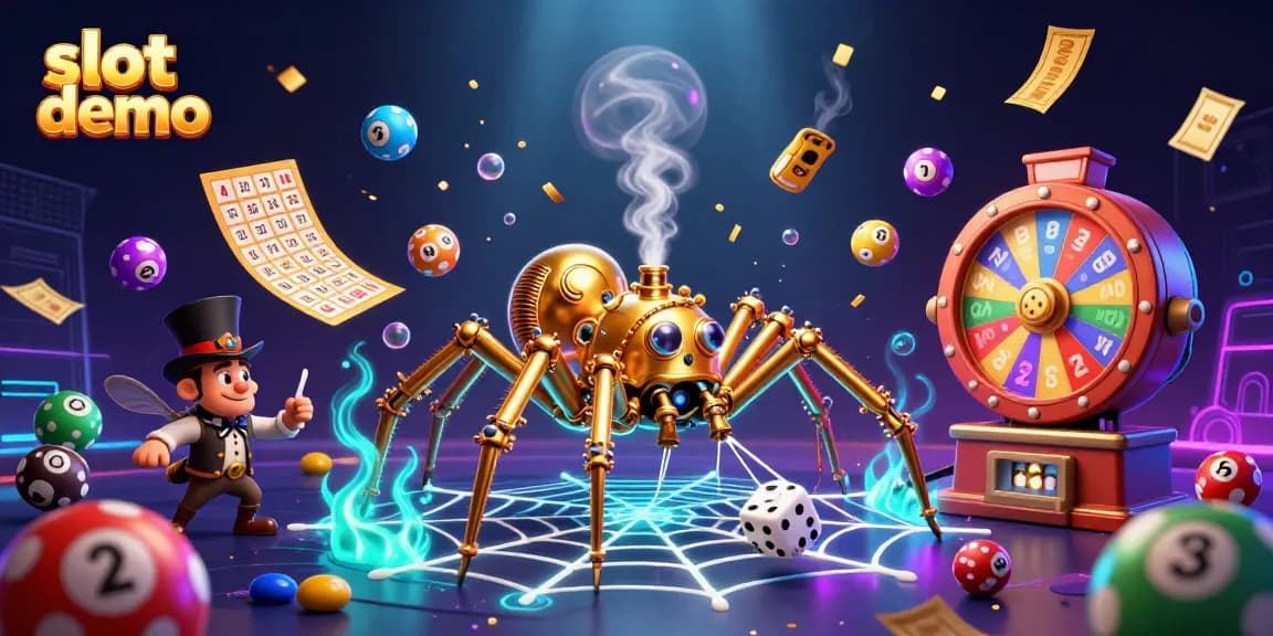 Slot demo dengan ilustrasi 3D menarik menampilkan spider emas dan gentleman terperangkap di jaring slot.
