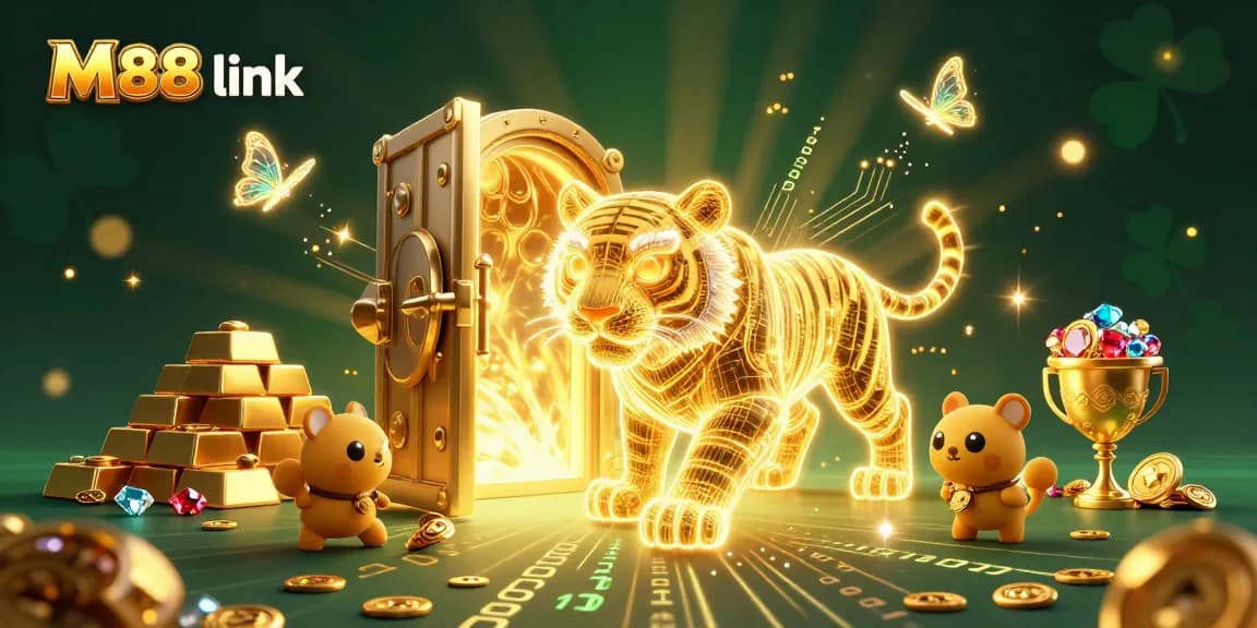 Engage with the M88 link in a spectacular digital casino scene filled with golden treasures and a glowing tiger.