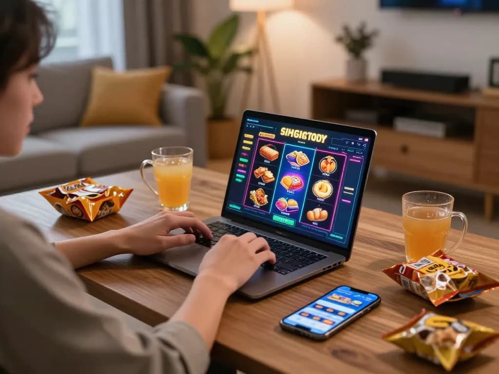 Engaging in situs slot gameplay on a laptop with snacks in comfortable home setting