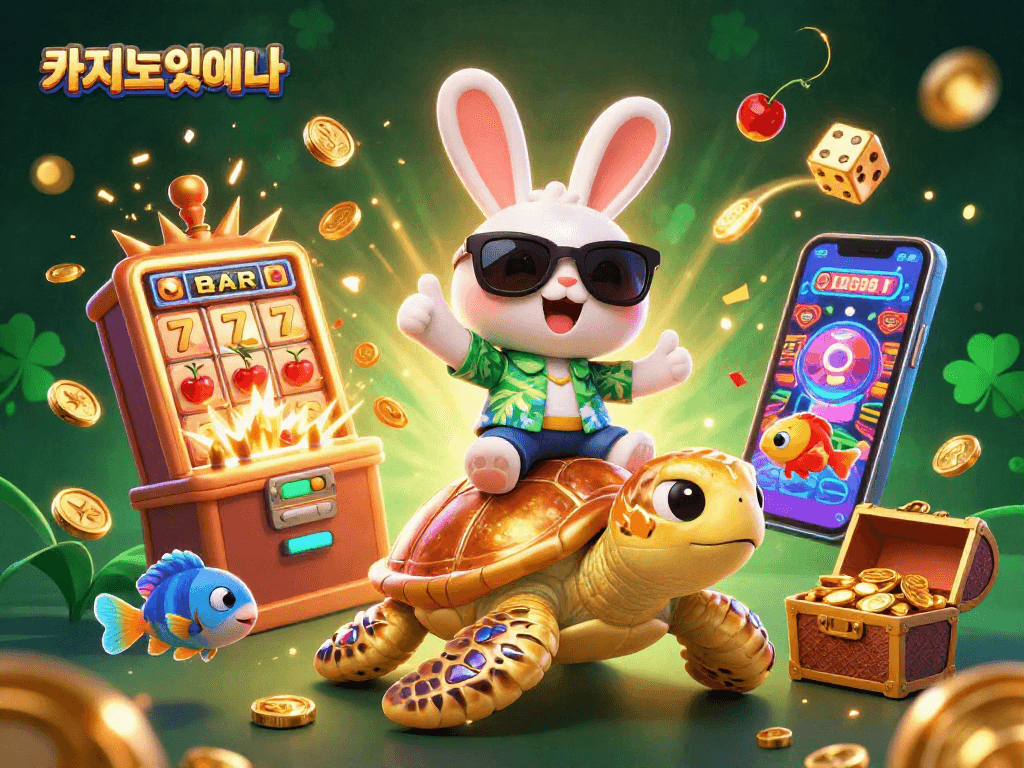 카지노사이트에서 슬롯머신의 잭팟을 터트리는 3D 캐릭터들과 문어의 생동감 넘치는 장면