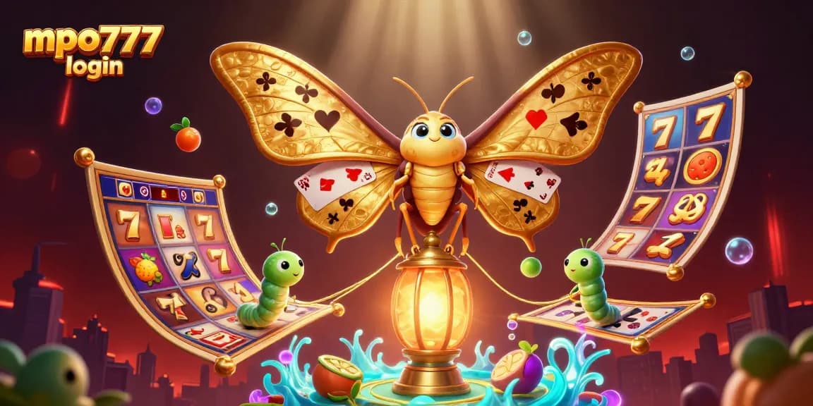 MPO777 login lets players immerse in vibrant slot action with golden moths and lively jackpot scenes.