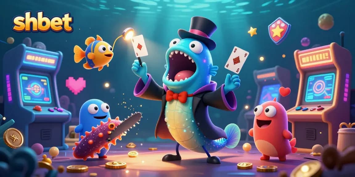 Experience shbet's vibrant gambling scene with animated sea creatures performing magical card tricks.