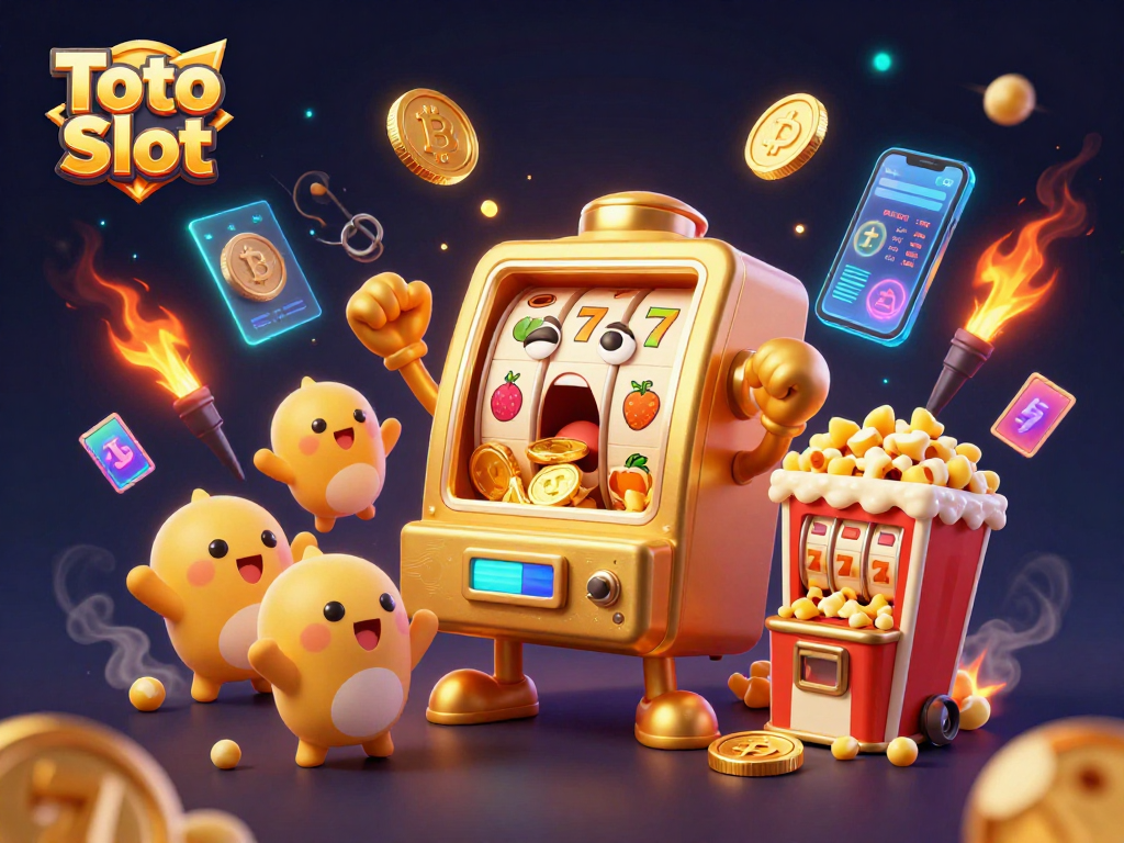 Engage with Toto Slot as a golden machine hits a jackpot, surrounded by crypto coins and dynamic gaming elements.