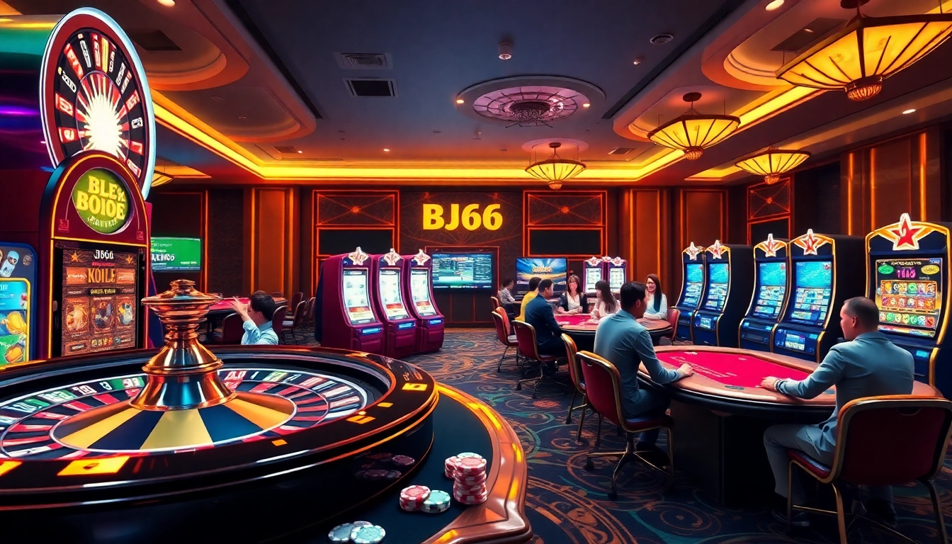 Bj66 online casino interface showcasing vibrant poker, roulette, and slot gaming excitement.
