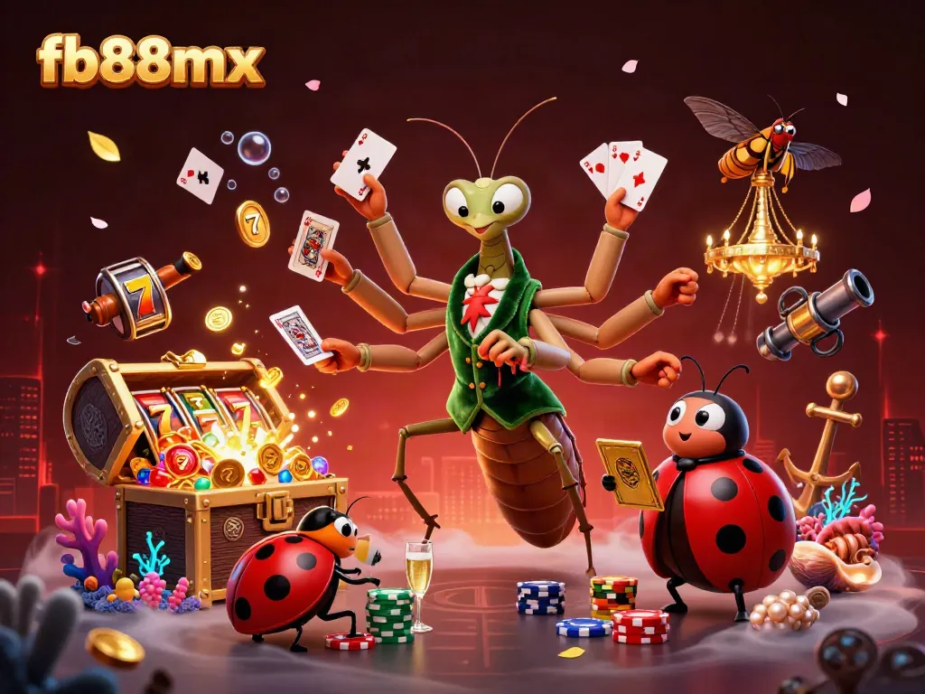 Win big with fb88mx as cartoon characters shuffle cards and celebrate with gold coins in a vibrant casino scene.