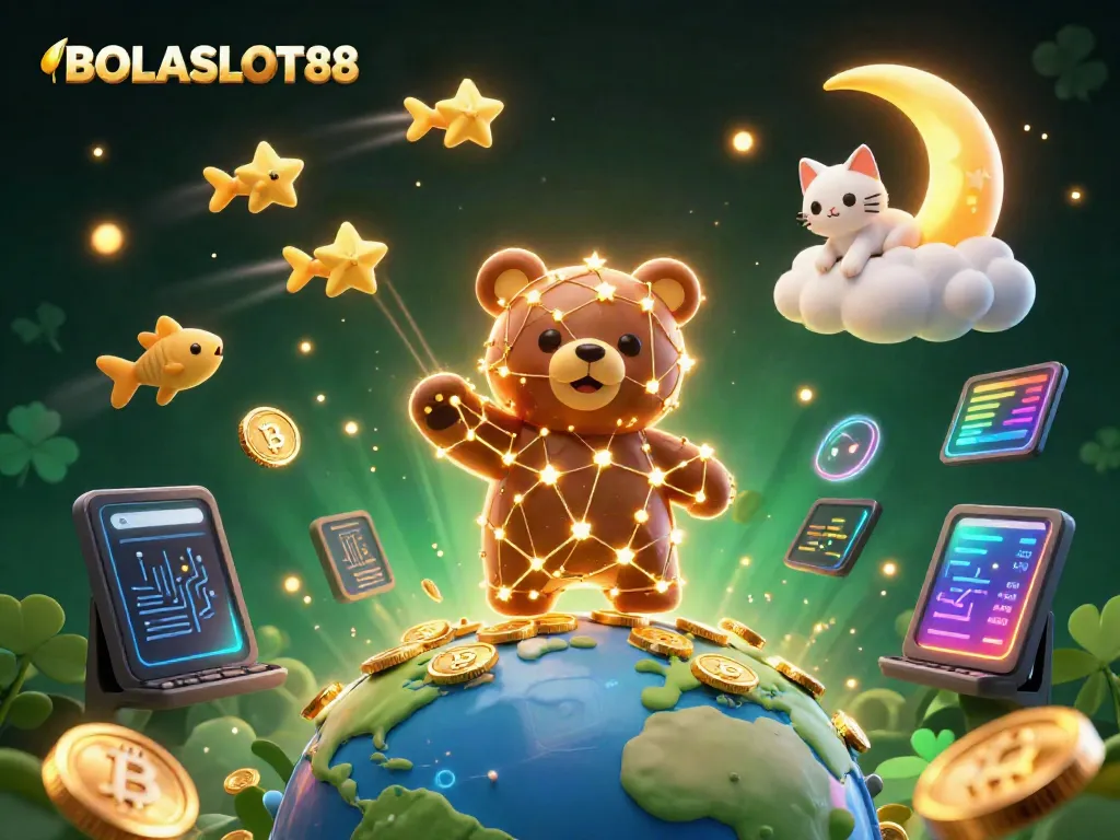 BOLASLOT88 features a vibrant scene with a constellation bear, shooting fish, and a moon cat, collecting virtual coins.