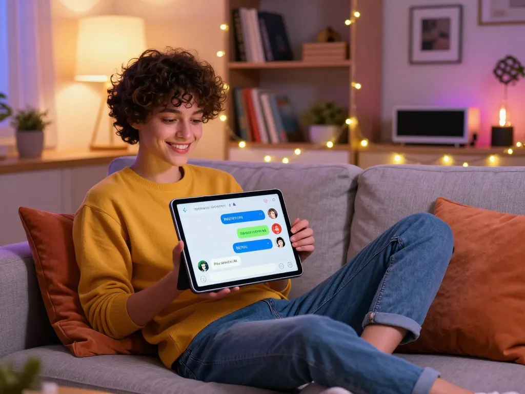 Engaging scene of a user chatting with an AI chat NSFW character on a tablet in a cozy home setting.