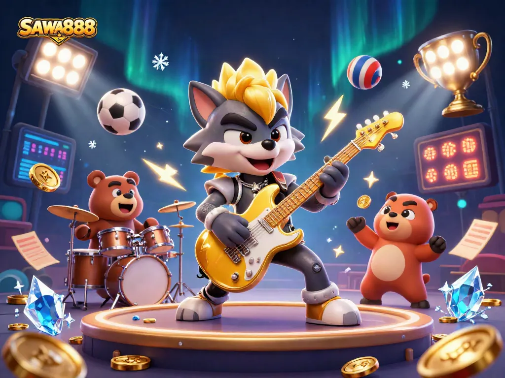Experience the excitement of SAWA888 with a vibrant casino scene featuring dynamic sports elements and a rock star wolf.