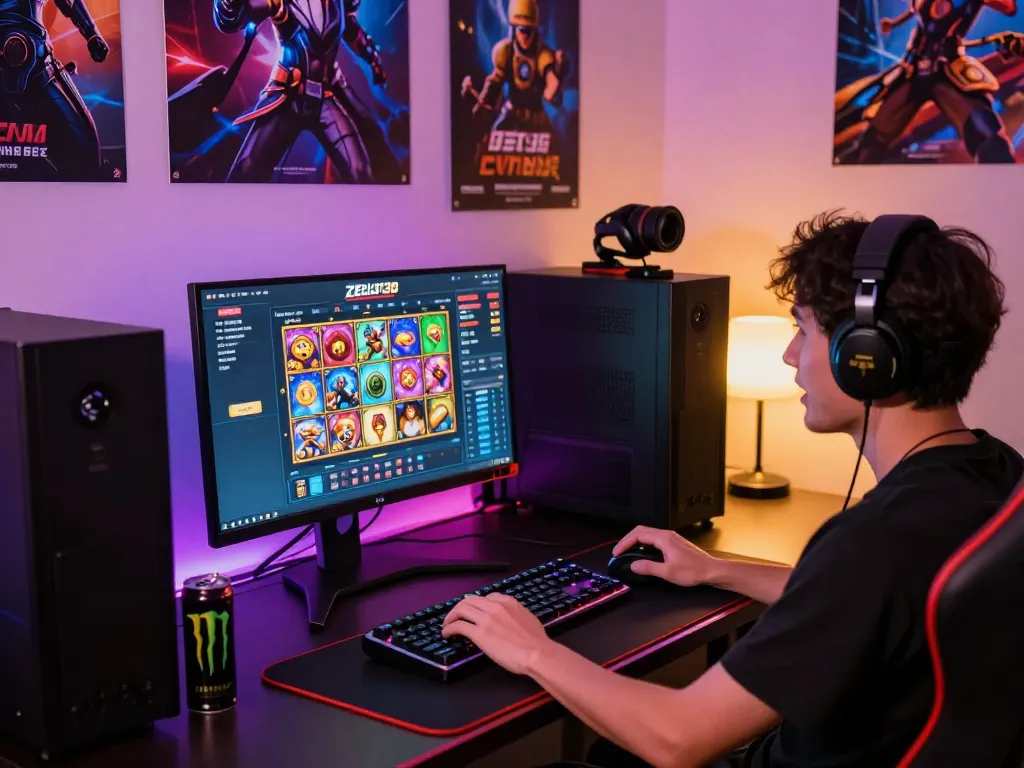 Player engaging with zeus138 online gaming platform showcasing vibrant graphics and gaming accessories in a dynamic setup.