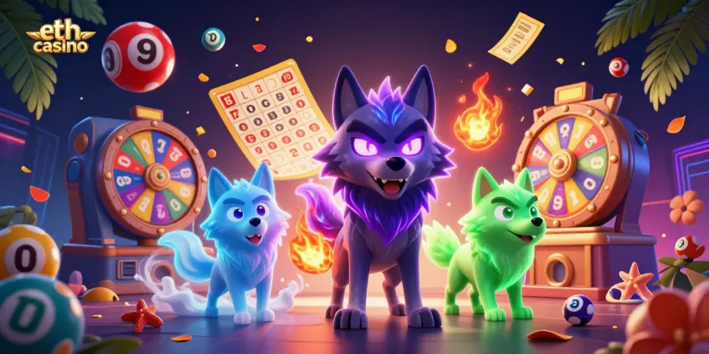 Join the excitement at an eth casino with vibrant game elements and animated characters.