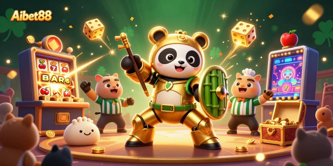 Aibet88 showcases an exciting scene of a mech-suit panda in a vibrant casino adventure filled with jackpots, slots, and cheers.