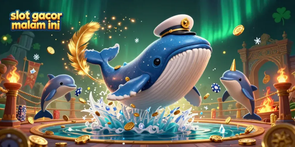 Mengalami kemenangan di slot gacor malam ini dengan animasi ikan paus 3D dan simbol kasino yang memukau.