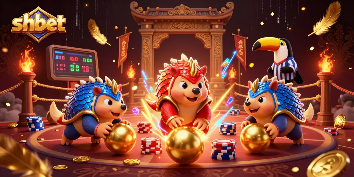 Shbet pangolins competing in a gambling-themed arena with colorful chips and golden coins.