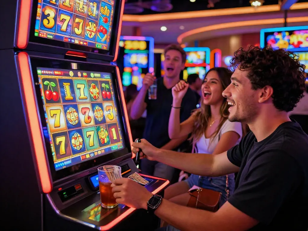 Excited player celebrating a jackpot at Lucky777 slot machine in a vibrant casino.