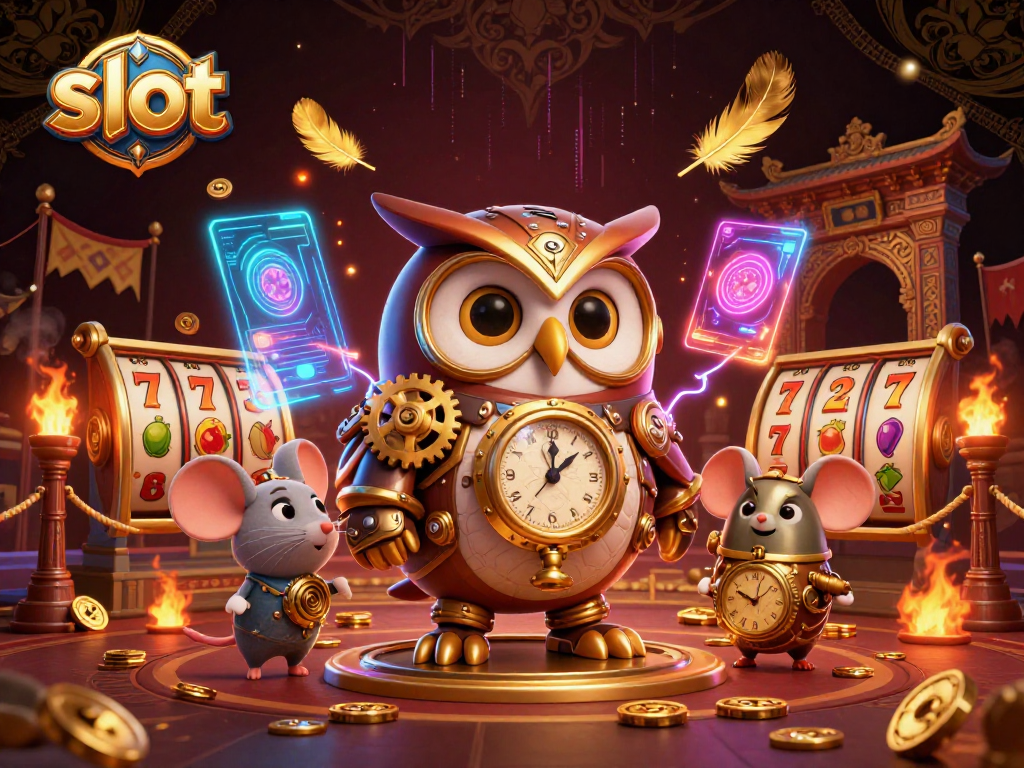 A captivating slot scene with a time-traveling owl and mouse amidst rich casino elements.