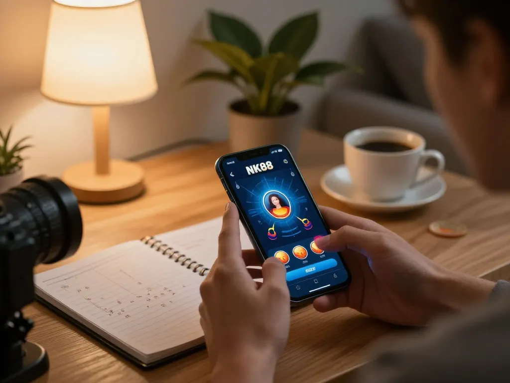 Navigating the NK88 app for strategic mobile gaming in a cozy setup.