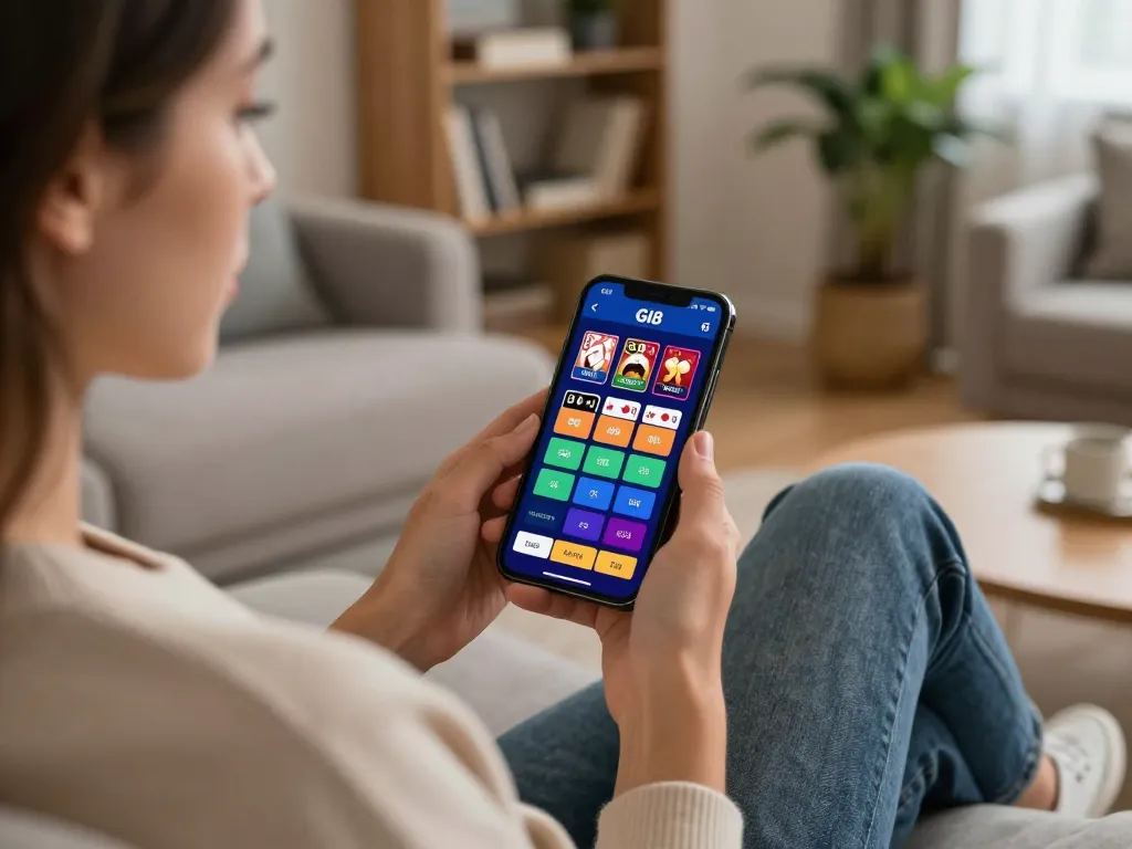 Engaging with nhà cái gi8 mobile app on smartphone at cozy home, showcasing online gambling