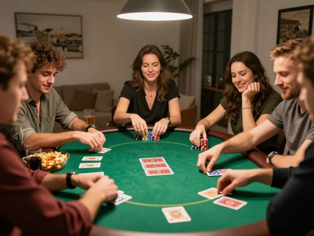 Friends enjoying a lively poker game at home with 388bet experience, warm atmosphere, and engaging gameplay.