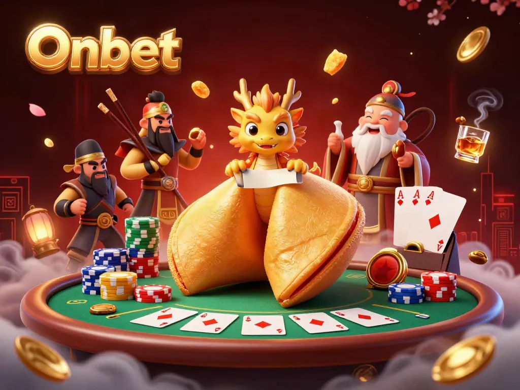 Engage in thrilling action at Onbet with dragon guardians and golden fortune cookie amidst colorful poker games.