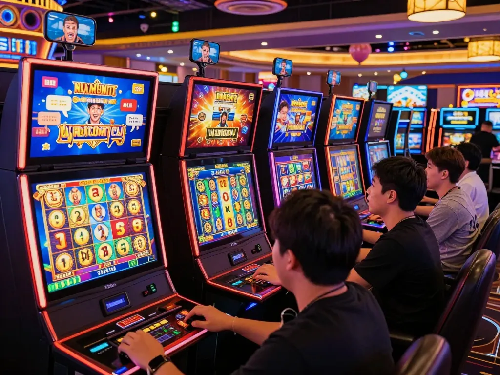 Suasana mendebarkan para pemain berinteraksi dengan mesin slot online di lingkungan kasino virtual yang cerah, menampilkan interaksi komunitas dalam permainan slot online.