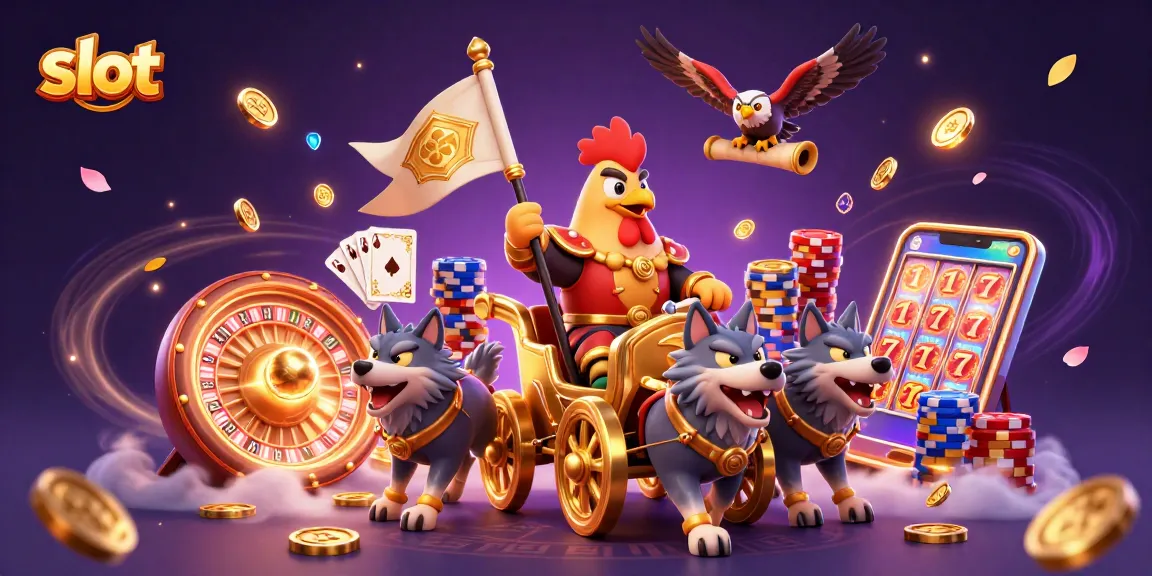 Win big with slot machines, featuring animated rooster warlord and dynamic gambling scene.