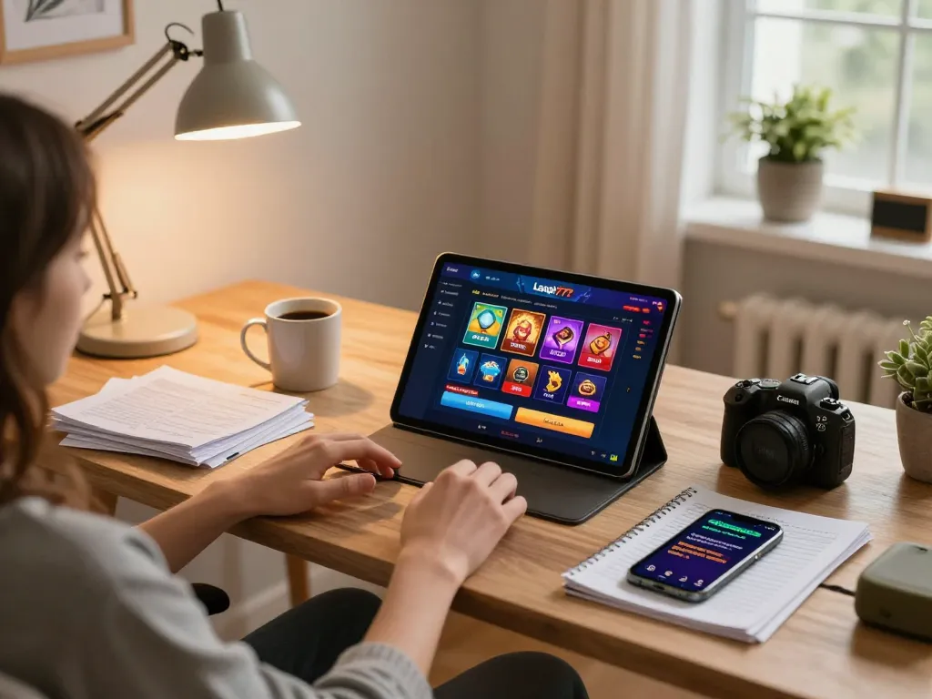 Playing Langit777 casino games online in a cozy home setup with strategy notes