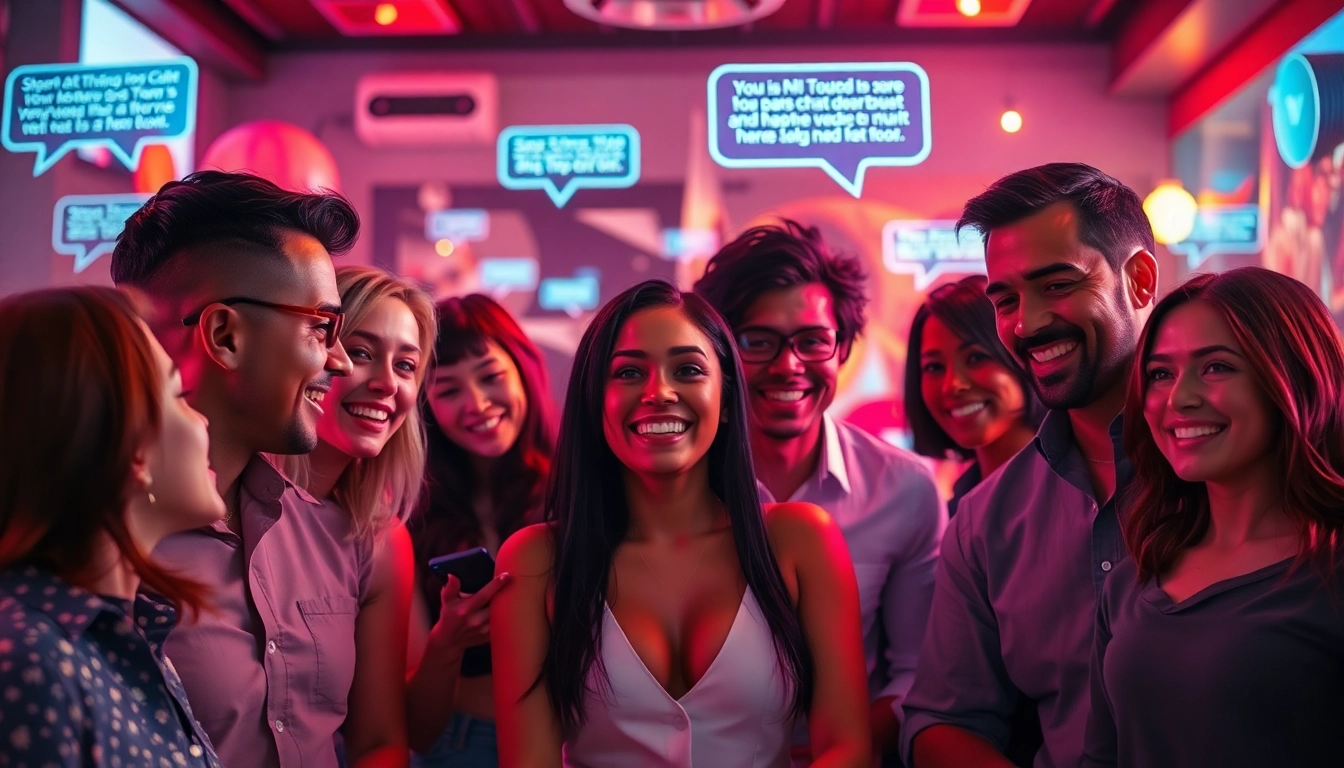 Vibrant NSFW character AI chat scene depicting diverse characters interacting in a playful digital environment.