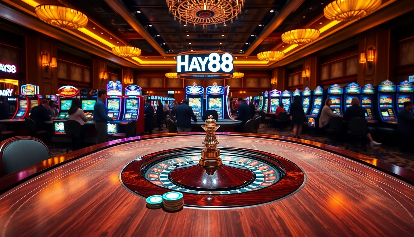 Experience the excitement of HAY88 with gamblers at a luxurious casino table engaging in thrilling games.