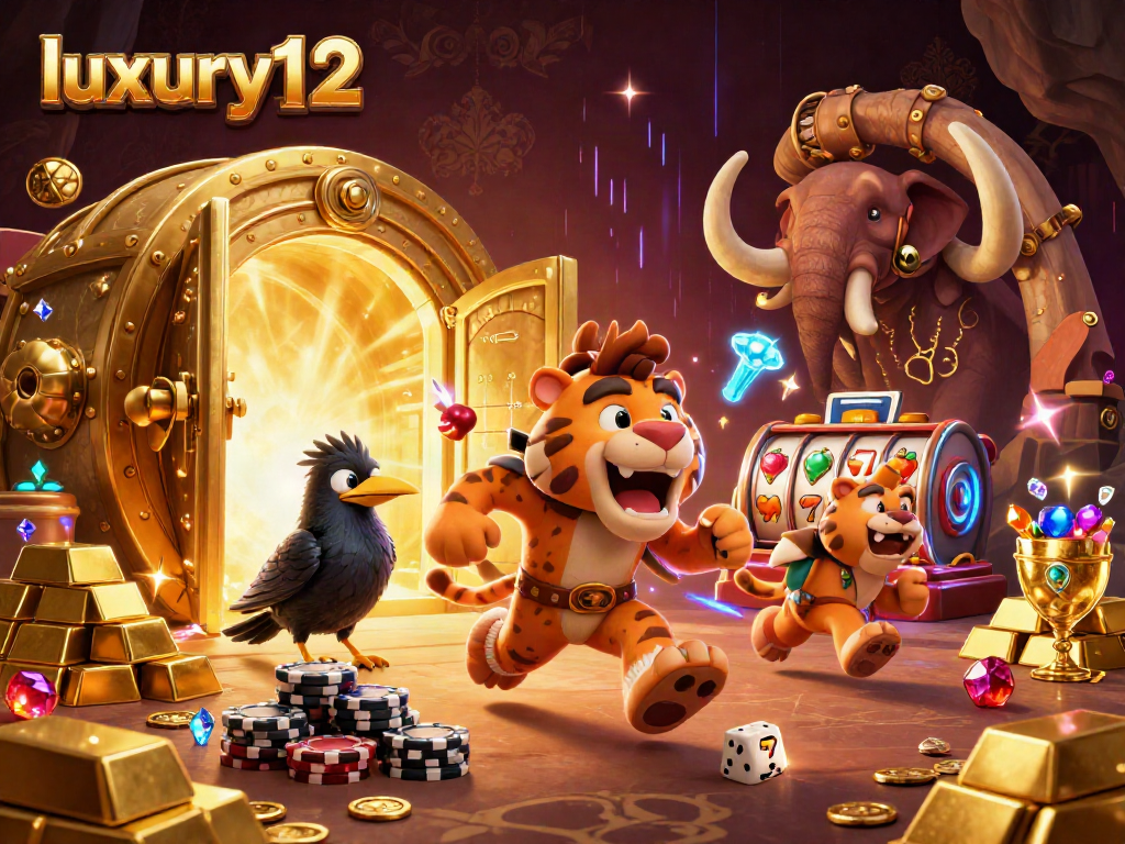Visualisasi luxury12 dengan karakter kasino prasejarah dan elemen slot yang menggiurkan.